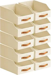 Homsorout Fabric Storage Bins for Organizing - 10 Pack Large Trapezoid Collapsible Storage Bins with Front Handle, Closet Organizers and Storage for Bedroom, Home Shelves, Small Spaces, Beige