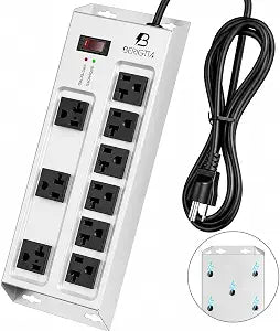 Magnetic Heavy Duty 20A Power Strip with Surge Protector, 9-Outlet Metal Junction Box with 6FT 12/3 Gauge Cord, for Garage, Workshop & Appliance (Silver)