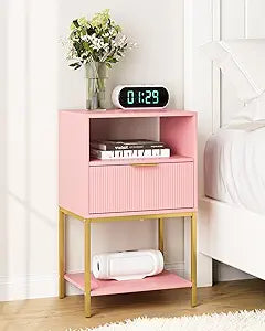 Nightstand, Modern Bedside Table with Gold Frame, 25.51''H End Table,Pink Night Stand,3-Tier Storage Side Table for Bedroom,Living Room (Modern-Stripes, Pink)