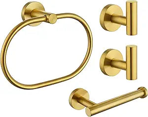 Bathroom Hardware Set 4-Piece Brushed Dark Gold, Angle Simple SUS304 Stainless Steel Bathroom Fixtures Accessory Kit with Towel Hook x 2, Toilet Paper Holder and Rotary Towel Ring, Wall Mount
