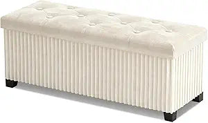 LITZFUR Storage Ottoman Bench, 43 Inch Foldable Ottoman with Legs, Velvet Foot Rest Stool, End of Bed Bench, Storage Chest for Living Room, Bedroom (Beige)