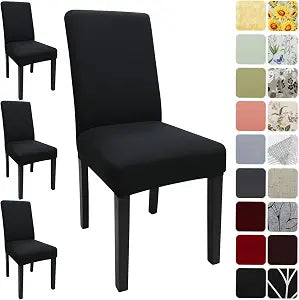 Dining Room Chair Covers Set of 4, Stretch Solid Color Parsons Chair Slipcovers Spandex Removable Washable Kitchen Chair Protector Cover for Dining Room, Hotel, Ceremony(Black)