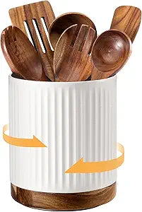 DOWAN 360 Rotating Extra Large Cooking Utensil Holder, 7.6" Kitchen Utensil Holder for Countertop, Utensil Crock for Farmhouse Kitchen Decor, Ceramic Stable Utensil Caddy, White Stripes