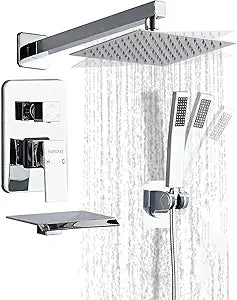 10inch Polished Chrome Shower System with Tub Spout, Shower Faucet Set with Rain Shower Head and Handheld 3-Setting, Waterfall Bathtub Spout Rainfall Shower Combo Set for Bathroom Wall Mounted