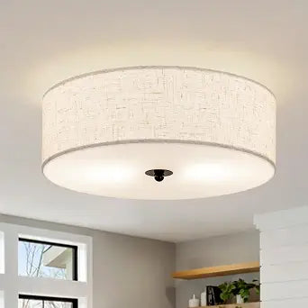 CALOKES Flush Mount Ceiling Light Fixture, 13" Close to Ceiling Light with Beige Fabric Linen Drum Shade, 2-Light Modern Round Ceiling Light for Bedroom Hallway Dining Kitchen