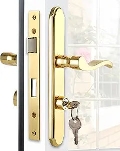MaxxGeek Flat Slot Storm Door Handle Complete Set, Mortise Keyed Lever Mount Latch with Deadbolt for Screen and Storm Doors (Bright Gold)