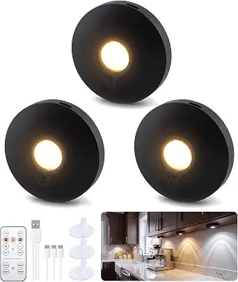 Rechargeable Magnetic Puck Lights, 3 Color Under Cabinet Lighting with Remote & Touch Control, Dimmable Temps/Timing, Wireless Stick-On Lights for Kitchen Shelf Pantry Black