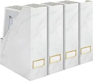 BLU MONACO Set of 4 Magazine Holders | White Marble Design with Gold Label Holders | Foldable File Organizer Boxes for Desk, Office & Classroom | Stylish Paper & Magazine Storage
