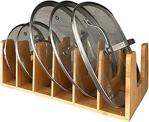 Kitchen Cabinet Organizer - Sturdy Bamboo Pot and Pan Organizer for Inside Cabinet - Multiuse Lid Organizer - Durable & Minimalist Kitchen Cabinet Organizer