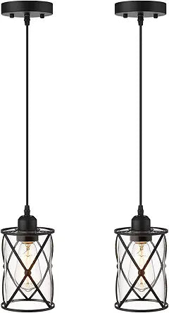 Glass Pendant Lights Kitchen Island 2 Pack, Black Mini Pendant Light with Clear Glass, Farmhouse Industrial Cage Hanging Lighting for Kitchen Sink Dining Room Bathroom, CH9176-1-2PK