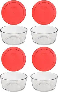 Pyrex 7201 4-Cup Glass Bowls and 7201-PC Red Lids (4-Pack) Perfect for Meal Prep, Organization, Food Storage and so Much More - Made in USA