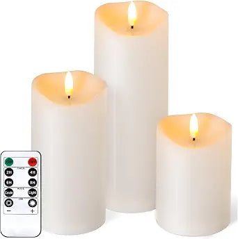 Outdoor Flameless Candles with Remote Timer - Waterproof Realistic Flickering LED Pillar Electric Battery Operated Fake Candle for Holiday Home Wedding Fireplace Decor - Ivory White 3 Pack (468)