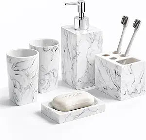 5 Piece Bathroom Accessories Set, Marble Resin Bathroom Vanity Set, Soap Dispenser, Toothbrush Holder, Soap Dish & 2 Tumblers, Bathroom Countertop Organizer Set (Ink White)