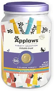 Applaws Lickable Cat Treats, Natural Grain-Free Pure, Made with Limited and Natural Ingredients, Variety Pack with Chicken, Tuna & Salmon Squeeze Up Treats (50 x 0.5oz Sachet Tub)