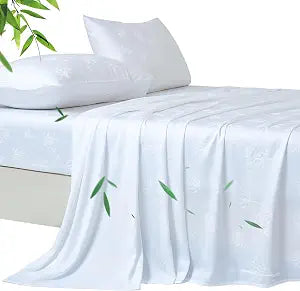 YIYEA 100% Organic Viscose Derived from Bamboo Sheets Full Size Set, Luxury 400TC Jacquard Bed Sheets, Soft Breathable Cooling Sheets,16" Deep Pocket, with 2 Sheet Fasteners (White, Full)