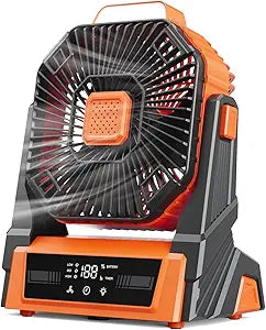 KopBeau Portable Camping Fan with Lights, 20000mAh Rechargeable Battery Operated Fan, Battery Powered Outdoor Beach Tent with 3 Speeds & Hook, Personal USB Table for Camping Accessories Orange