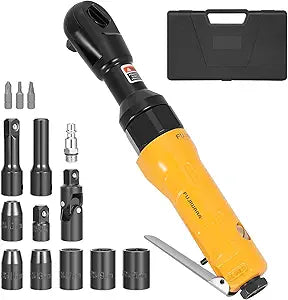 FUJIWARA 3/8 Inch Air Ratchet Wrench Set with 1/2" Drive Adapter,50ft-lbs Pneumatic Torque Impact Wrench Tools Kit with 6 Sockets(10,11,13,17,19,21MM) for Auto Maintenance, Repair Work -Yellow