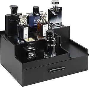 Butizone Cologne Organizer for Men, 3 Tier Perfume Stand Holder with Drawer and Hidden Compartment, Cologne Display Shelf for Dresser, Great Gift for Man/Father, Black