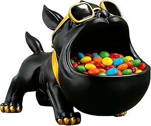 CUZOKOLA Large French Bulldog Tray Statue Cute Dog Candy Dish Modern Entryway Table Keys Candy Bowl for Office Desk Funny Animal Storage Sculpture Figurine with Big Mouth Gold Glasses for Home Decor