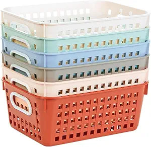 Really Good Stuff Medium Plastic Book Baskets, 11" by 7.5" by 4.5", 6 Pack, Boho Group Colors, Versatile Storage Solution for Classroom, Home, and Office