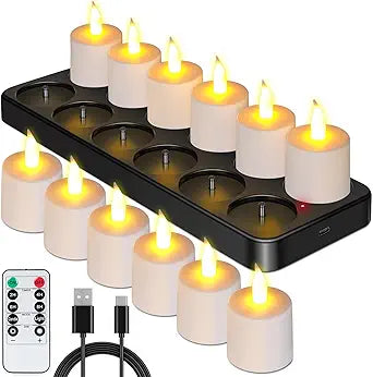 Esup Rechargeable Tea Lights Candles 12pcs Flameless Flickering Candles with Remote Control Timer & Charging Base, Decoration Parties, Weddings, Bar, Family, Dinner Outdoor Picnic