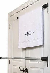 Door Towel Rack  No-Drill Hinge-Mounted Towel Bar for Bathroom or Bedroom Doors, No Assembly, Works with Standard Interior Doors, Space-Saving Telescoping Design (Black/White) (White)