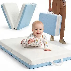 Bi-Fold Pack and Play Mattress, 3 Inch Thick Soft & Firm Memory Foam Breathable Portable Pack n Play Mattresses, Baby Playpen Mattresses with Removable Washable Cover 38x26x3 Inch - Blue