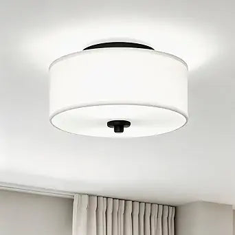2-Light Flush Mount Ceiling Light Fixture, 12 Modern Close to Ceiling Light with White Fabric Drum Shade, Round Ceiling Light for Bedroom Hallway Living Room Bathroom Dining Kitchen