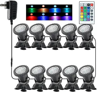 Pond Lights, RGB Outdoor LED Fountain Lights Underwater Landscape Spot Lights IP68 Waterproof Dimmable Memory for Garden Yard Lawn Waterfall (10 Lights)