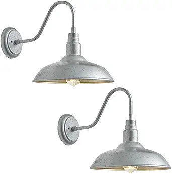 10in Dome Outdoor Gooseneck Barn Light, 2 Pack Silver Exterior Porch Gooseneck Wall Mount Lighting Fixture, Farmhouse Style Outside Barn Wall Sconce for House, Garage, Waterproof