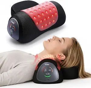 FliKEZE Cervical Neck Support & Massage Pillow with Air Lift Stretch, Dual-Wavelength 660nm & 850nm Red Light, Heated Memory Foam Cushion, Removable Small Pillow, Cordless Design, Black