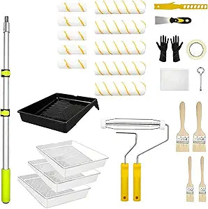 27PCS Paint Roller Kit with Extendable Pole, Yellow Polyester, 9inch & 4inch Rollers, Adjustable 2-4FT Aluminum Pole, All-in-One Painting Tools for Indoor Outdoor, DIY & Professional Use