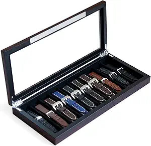 Watch Band Case, Watch Band Organizer with 10 Slots, Wooden Watch Band Holder for Men Gift, Watch Bands Storage with Ebony Finish and Glass Window Top (ebony veneer 10 slot)