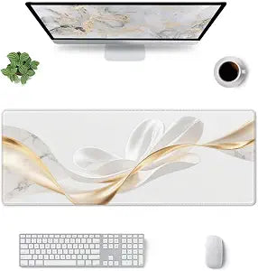 White Gold Marble Large Desk Mat - 31.5"x11.8" Non-Slip Waterproof Computer Mouse Pad,Washable Fabric Surface with Rubber Base for Office & Home Use,Extended Keyboard Mat(300x800x3mm)