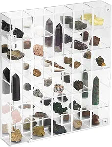 Adjustable Rock Display Case Clear Acrylic Collection Box with Mirrored Arrowhead Stones Storage Display Case Mineral Crystal Collectibles Holder Organizer Showcase Shelves with Lid