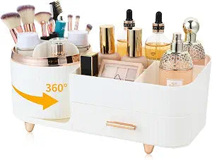Makeup Organizer Countertop with Drawer 360 Rotating Brush Holder Storage Large Capacity Skincare Cosmetic Display Cases for Vanity Bathroom Desktop, Model 3016 White