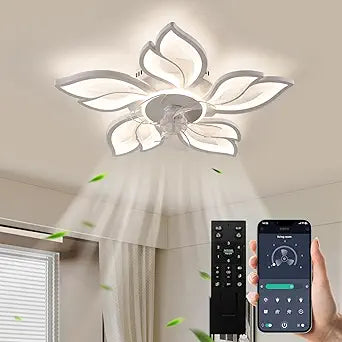 JAYMP 27.6 Inch Modern Flower Ceiling Light with Fan, 6 Speeds with 5 Blades, Remote Control Ceiling Fan White Dimmable LED Lighting Fixture for Dining Room Bedroom Small Living Room (White, 27.6")