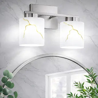 Brushed Nickel Bathroom Light Fixtures,Modern 2-Light Bathroom Vanity Light Over Mirror with White Marble Glass Shade,Wall Sconces Lighting for Bedroom Cabinet Kitchen Living Room
