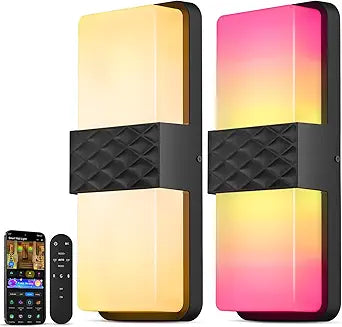 Smart Outdoor Wall Lights, 1500LM RGB+IC+Warm/Cool White Porch Light, 44 Scene Modes, IP65 Waterproof Wall Sconce for Halloween Christmas Decor, Works with Alexa, Google Assistant 2 Pack