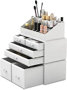 READAEER Makeup Organizer 3 Pieces Cosmetic Storage Case with 6 Drawers (White)