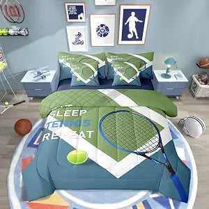 Sports Tennis Comforter Set for Kids Room Decor,Modern Fashion Ball Game Bedding Set Full Size 7 Pcs,Tennis Racket Print Bed in a Bag with Comforter, Sheets, Pillowcases & Cushion Cover
