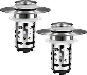 Upgraded 3 in 1 Bathroom Sink Drain Strainer, Universal Pop Up Stopper with Removable Stainless Steel Filter Basket Hair Catcher, Sink Plug for 1.1''~2.36'' Basin, Brushed Nickel Finish (2PC)
