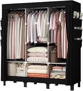 Portable Closet, 51.18" Large Capacity Clothing Storage Organizer with 3 Hanging Rods 6 Shelves 18 Side Pockets, Dustproof Sturdy Wardrobe for Bedroom Dorm Rental Apartment(Black, Large)