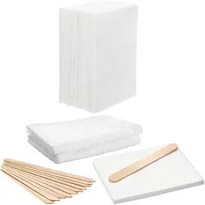 Oudain 27 Pieces Wood Wax Applicator, Includes 15 White Non-Woven Pads 2 Terry Cloth Buffing Towels and 10 Stirring Sticks for Polishing Cutting Board and Multi Purpose Use in Home