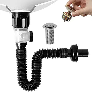 Bathroom Sink Drain Kit, Flexible Sink Drain Pipe with Pop Up Stopper