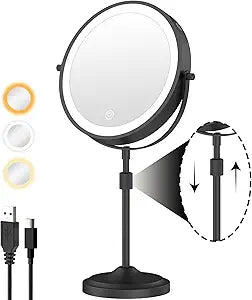 9" Lighted Makeup Mirror with 1X 10x Magnification, 5000mAh Rechargeable Led Magnifying Vanity mirror with lights, 3 Lighting Colors, Brightness Dimmable Height Adjustable Cosmetic Mirror Black