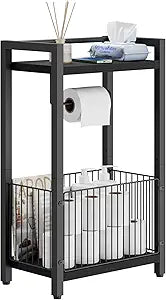 IBUYKE Freestanding Toilet Paper Holder Stand with Storage Shelf,Bathroom Toilet Tissue Roll Dispenser with Extra Space for Rolls, Magazines, Wet Wipes Black TLJ020B
