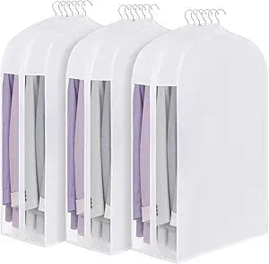 32" Premium Cotton Garment Bag for Hanging Clothes, Breathable Suit Bags for Closet Storage with Extra Large 10" Gusseted & Clear Window, Dust Cover with Zipper for Short Clothes, 3 Pack