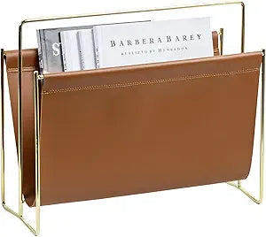 MyGift Magazine Holder Magazine Rack Floor 15-Inch Modern Brown Leatherette & Brass Plated Metal Floor Standing Faux Leather Sling Style Newspaper Rack for Home, Bathroom, Office Decor