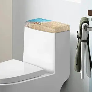 Beach Starfish Wood Grain Print Toilet Tank Lid Cover for Bathroom Decor, Universal Dust Cover Replacement with Stretch Band, Washable Fit Standard Toilet Tank, Blue Khaki